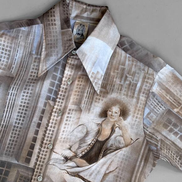70s Polyester Kennington Disco Skyscraper Metropolis Shirt AllOver Print Men's - Picture 2 of 9